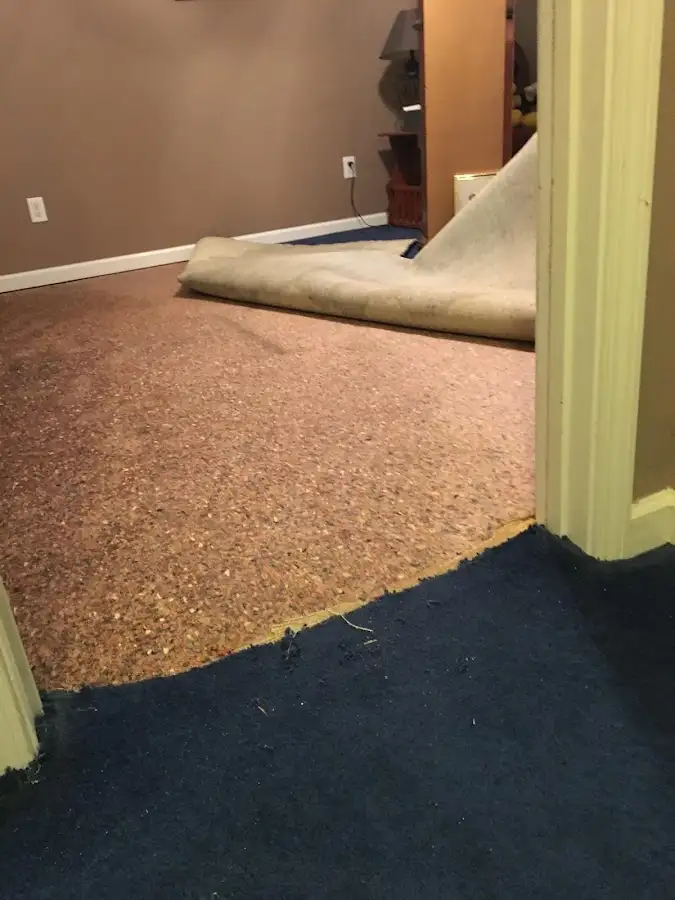 Carpet pad removal revealing water damage during Water Mitigation Services in Grovetown